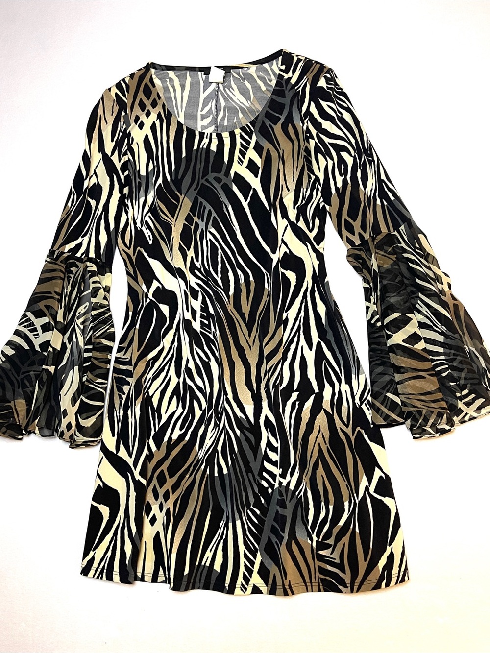 MSK Animal Print Bell Sleeve Dress Black Tan Zebra Leopard Abstract M Medium
